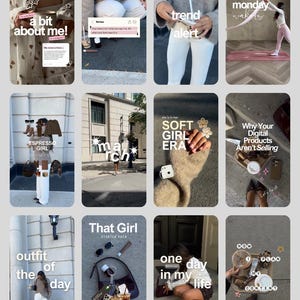 May include: A digital collage of twelve social media story frames featuring lifestyle content, fashion outfits, coffee, and text overlays including phrases like a bit about me, trend alert, soft girl era, and that girl starter pack in neutral tones.
