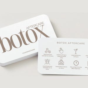May include: Two white rectangular cards with rounded corners. The top card features the text AFTERCARE botox and YOUR BRAND NAME in brown. The bottom card lists BOTOX AFTERCARE instructions with icons for exercise, touching, alcohol, facials, steam, and posture.
