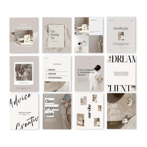 May include: A collection of twelve digital social media templates in a neutral beige and white color palette. Each square graphic features minimalist typography, professional photography, and text elements including branding tips, client guides, and creative advice.