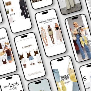 Può includere: Una collezione di smartphone che mostrano varie interfacce digitali incentrate sulla moda, con collage di outfit curati, capi di abbigliamento e sovrapposizioni di testo promozionale come 'Pick your Friday vibe', 'felling essential' e 'TREND ALERT'.