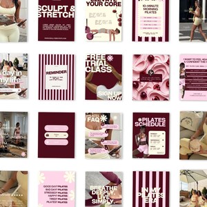 May include: A collection of twenty digital social media templates for Pilates featuring a color palette of deep burgundy, soft pink, and cream. The designs include text overlays such as Sculpt & Stretch, Pilates Schedule, and Pilates FAQ with floral icons.