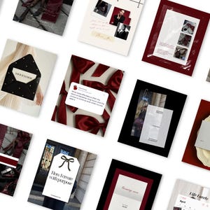 May include: A collection of digital social media templates featuring a color palette of deep burgundy, black, white, and cream. The designs include various layouts with text placeholders, ribbon graphics, envelope icons, and minimalist typography.