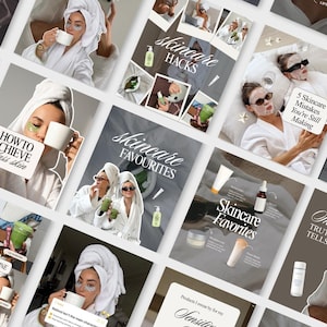 May include: A collage of social media posts featuring individuals in white bathrobes and hair towels, showcasing skincare routines, product favorites, and educational text overlays like How to Achieve Glass Skin and 5 Skincare Mistakes.