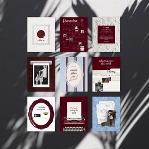 May include: A grid of nine images with a dark, moody aesthetic. The images include a calendar, a photo, a framed image with a drink, and text that reads "About us", "December", "Client Review", "content pillars are dead", "what to post this week", and "Thanks for asking but".