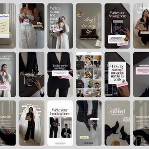 Peut inclure: Une collection de dix-huit modèles de stories pour réseaux sociaux avec des palettes de couleurs neutres, une typographie minimaliste et des espaces réservés pour du texte et des images. Les designs proposent diverses mises en page.