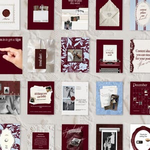 May include: A collection of social media templates with a burgundy and white color scheme. The templates feature various designs, including text overlays, photos, and decorative elements. Some templates include the text "trend alert" and "44 things you can today".