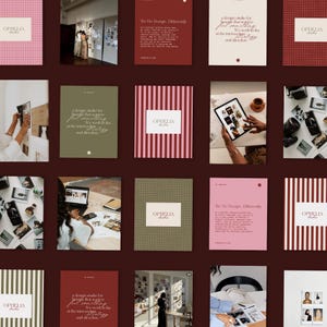 Op de afbeelding: Een raster van twintig rechthoekige afbeeldingen met de branding van Ophelia Studio, met diverse patronen zoals strepen en rasters, effen kleurblokken met tekst en lifestyle-fotografie van een werkplek in een designstudio.