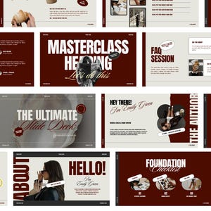 Può includere: Un modello di presentazione digitale con uno schema di colori rosso scuro e beige. Il layout include sezioni per un titolo di masterclass, una sessione FAQ, un'introduzione dell'autore e una lista di controllo con vari segnaposti di testo.