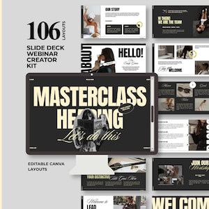 May include: A digital slide deck creator kit featuring 106 editable Canva layouts for coaches and marketers. The display shows a computer monitor with the text MASTERCLASS HEADING Let's do this, surrounded by various presentation slide templates.