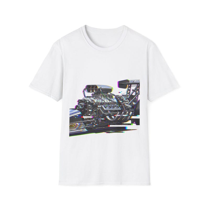 Top Fuel Dragster Engine Glitch Art Tee | NHRA Racing VHS Shirt image 1