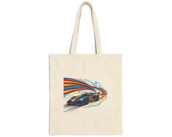 Vibrant Retro-Futuristic Race Car Tote Bag | 80s Anime Motorsport Canvas Shopper | Dynamic Speed Art
