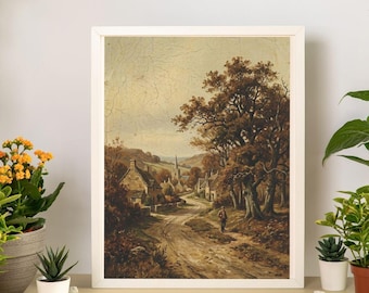Dipinto ad olio di paesaggio rustico del XIX secolo - Quadro vintage di un villaggio (Download digitale)