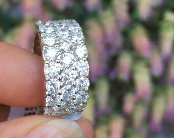 Three Row Engagement Band, Round CZ Stone Wedding Band In 4US, Women's Full Eternity Stackable Band, Silver Anniversary Ring, Proposal Band