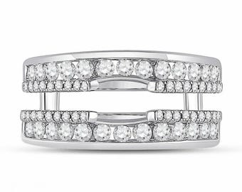 Double Shank Enhancer Guard Wedding Band, Women's Matching Wrap Guard Band, Round CZ Stone Open Gap Wedding Band, Stacking Jacket Band