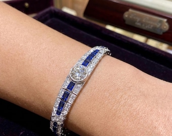 Antique Art Deco Sapphire Bracelet, Vintage Style Old European Cut CZ Stone Bracelet, Women's Edwardian Wedding Bracelet, Anniversary Gift