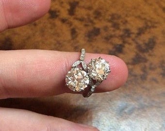 Old European Cut CZ Stone Wedding Ring, Two Stone Engagement Ring, Silver Toi Et Moi Retro Ring, Art Deco Wedding Ring, Mother's Day Gift
