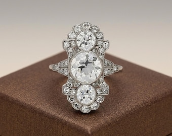 Bezel Set Three Stone Engagement Ring, Victorian Art Deco Dinner Ring, Antique Vintage Style Old European Cut CZ Stone Ring, Edwardian Ring