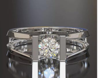 Tension Set Round CZ Stone Men's Ring, 925 Silver Solitaire Engagement Ring For Him, Wedding Anniversary Gift, Groom Ring, Father's Day Gift
