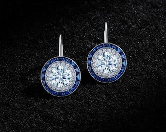 Halo sapphire Drop Earrings, Minimalist Everyday Earring, Lever Back Dangle Earring, Blue Baguette & Round CZ Stone Vintage Wedding Earring