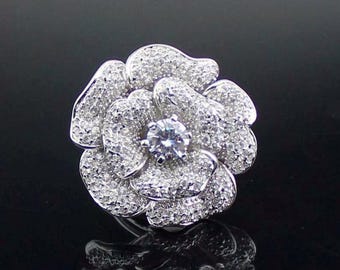 Blossom Fowler Motif Engagement Ring, Floral Wedding Ring For Women, 925 Silver Round CZ Stone Cocktail Party Wear Ring, Botanical Jewelry