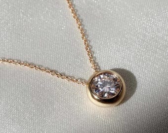Bezel Set Solitaire Necklace, Round Moissanite Diamond Minimalist Necklace, Daily Wear Pendant Necklace, Anniversary Gift Necklace For Her