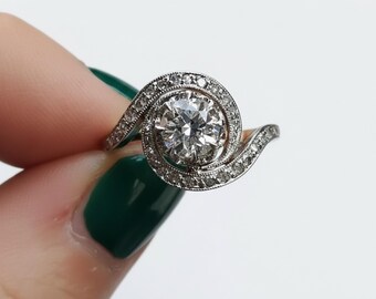Old European Cut Moissanite Diamond Swirl Engagement Ring, Vintage Style Bypass Ring, Antique Art Deco Wedding Ring For Women, Retro Ring