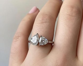 Toi Et Moi verlovingsvoorstelring, twee stenen ring voor vrouwen, peer en triljoen CZ stenen trouwring, 925 sterlingzilveren belofte cadeauring
