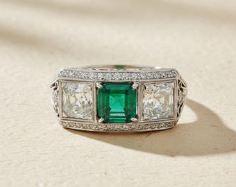 Antique Art Deco Three Stone Engagement Ring, Green & White Asscher CZ Stone Edwardian Ring, Vintage Style Engraved Ring, Mid-Century Ring