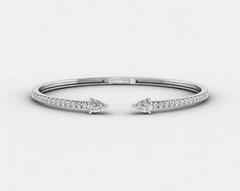 Open Cuff Wedding Bracelet, Pear & Round Moissanite Diamond Open Bracelet, Minimalist Two Stone Bracelet, Women's Party Wear Cuff Bracelet