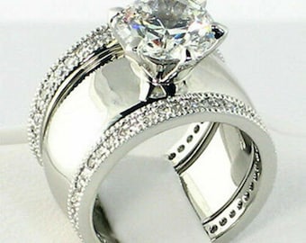 Three Piece Ring Set, Round CZ Stone Wedding Bridal Ring Set, Solitaire Wide Band Ring & Eternity Band, Women's Engagement Ring Set