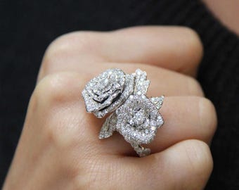 Rose Flower Ring For Her, Women's Party Wear Cocktail Ring, Flower Jewelry, Wedding Anniversary Gift, Round CZ Stone Silver Ring In 6.50US