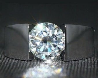 Tension Set Round CZ Stone Men's Ring, 925 Silver Solitaire Engagement Ring For Him, Wedding Anniversary Gift, Groom Ring, Father's Day Gift