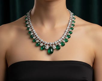 Emerald Necklace, Green Teardrop Gemstone Bridal Necklace, Women's Party Wear Necklace, Luxury Wedding Choker Necklace, Anniversary Gift