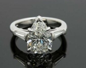 Three Stone Engagement Ring, Pear & Baguette Cut CZ Stone Silver Ring, Trilogy Wedding Bridal Ring, Anniversary Gift For Wife, Promise Ring