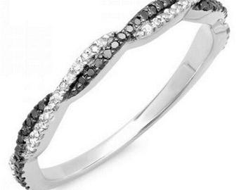 Twisted Half Eternity Band, Crossover Wedding Band, Black & White Round CZ Stone Minimalist Band, Silver Engagement Band, Anniversary Gift