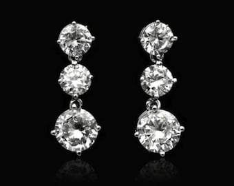 Three Stone Dangle Earrings, Round CZ Stone Push Back Drop Earrings, Women's Party Wear Earrings, 925 Silver Wedding Dangle Earrings