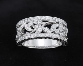 Vintage Floral & Leaf Motif Band Ring, Art Nouveau Openwork Filigree Band, Art Deco Milgrain Eternity Band, Round CZ Stone Wedding Band