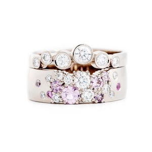 Bezel & Flush Set Wide Scatter Band, Cigar Wedding Ring Set, Multi Color Round CZ Stone Bridal Ring Set, Stackable Engagement Ring Set