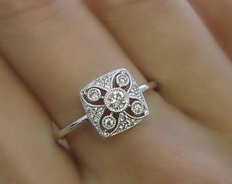 Art Deco Floral Style Milgrain Ring, Round Moissanite Diamond Vintage Style Ring, Silver Minimalist Openwork Ring, Wedding Engagement Ring