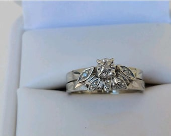 Solitaire ring met gebogen band, ronde zirkonia steen vintage stijl bruidsring set, art deco bruiloft verlovingsring set, cadeau voor moeder-vrouw