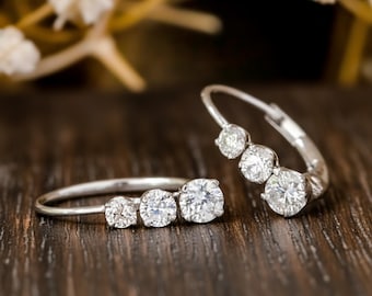 Dainty Three Stone Hoop Earring, Graduated Round Moissanite Diamond Silver Earring, Delicate Dangle Earring For Women, Mother's Day Gift