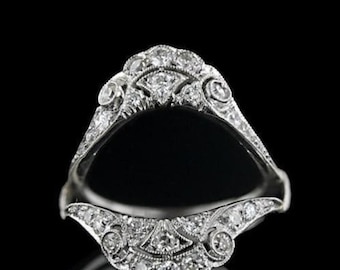 Victorian Art Deco Enhancer Guard Band, Vintage Style Open Gap Wrap Guard Band, Round Moissanite Diamond Stackable Wedding Band,Gift For Her