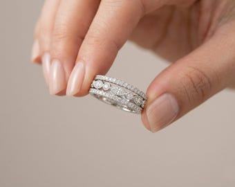 Marquise & Round CZ Stone Trio Bridal Ring Set, Full Eternity Stackable Wedding Band Ring Set, Art Deco Engagement Ring Set, Proposal Ring