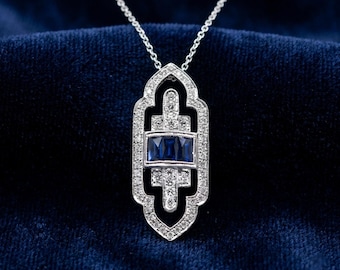 Antique Art Deco Sapphire Pendant Necklace, Vintage Style Edwardian Pendant, 925 Silver With Chain Pendant, Mother's Day Gift, Gift For Wife