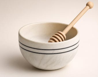 Honey Dip Bowl Set with Bamboo Dipper | Wooden Serving Spoon & Ceramic-Lined Rustic Bowl | Kitchen Decor, Natural Handmade Style Gift
