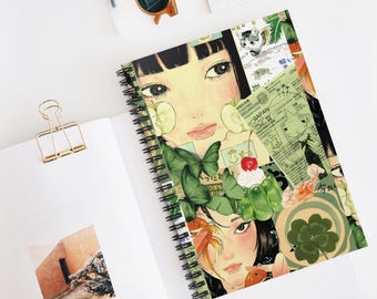 Green Anime Aesthetic Notebook, Japanese Collage Journal, Manga Girl Spiral Notebook, Kawaii Art Journal, Vintage Style School Notebook Gift