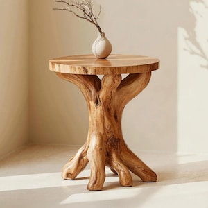 May include: A natural wood side table with a tree trunk base and a round top. The table has a light brown finish and a small white vase with branches on top. The table is approximately 24 inches in diameter.
