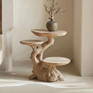 May include: A three-tiered wooden display stand with a natural, weathered finish. The stand features three circular platforms of varying sizes, supported by a central, organically shaped trunk. A small, dark vase and dried branches sit on the top tier.