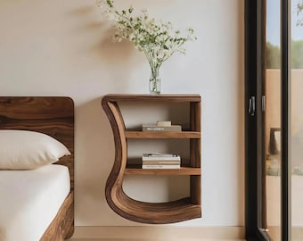 Mesita de noche flotante de madera, moderna y rústica, que ahorra espacio, para montaje en pared.