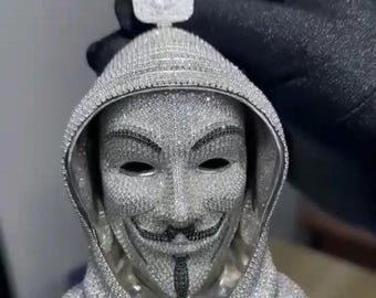 Iced Out Guy Fawkes Pendant, Anonymous Mask Necklace, CZ Hip Hop Pendant, Men's Streetwear Jewelry, Custom Name Pendant